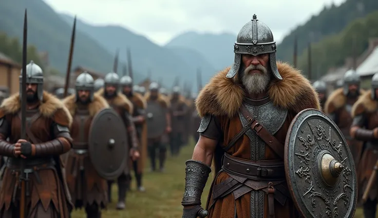 " A realistic image of Norse warriors Doctors who lived in Scandinavia during the Viking Age,  approximately between 793-1066 d .c.  The scene must include warriors dressed in typical costumes of the time , like leather armor ,  helmets with metallic detai...