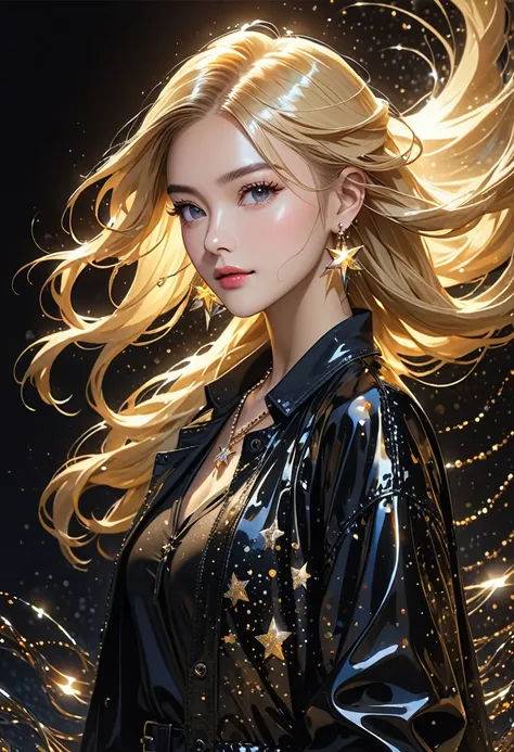 The image depicts a person with long, flowing blonde hair, which is illuminated beautifully, creating a striking visual effect. They are wearing a black outfit that glistens as if its slightly wet. The clothing appears to be stylish, consisting of multiple...