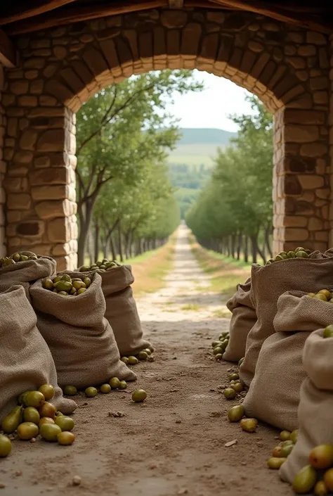 Juta bags full of organic olives inside old stone barn surrounded by fruit trees from Beira-Baixa Portugal 