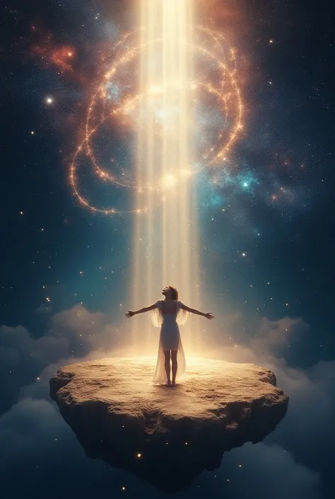 "A surreal image of a person standing on a floating platform surrounded by radiant beams of light, with galaxies, stars, and glowing particles spiraling around them. The person’s arms are outstretched as they look upward, with a serene expression, symboliz...