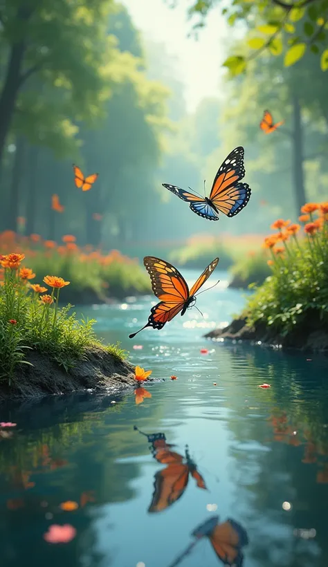  Beautiful energetic work of art that empowers those who see it。Landscape images。butterflies dancing on the riverbank 。fantastic。dreamer。fancy。