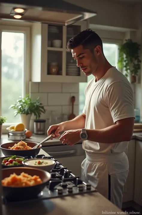 Cristiano Ronaldo is cooking in the kitchen 