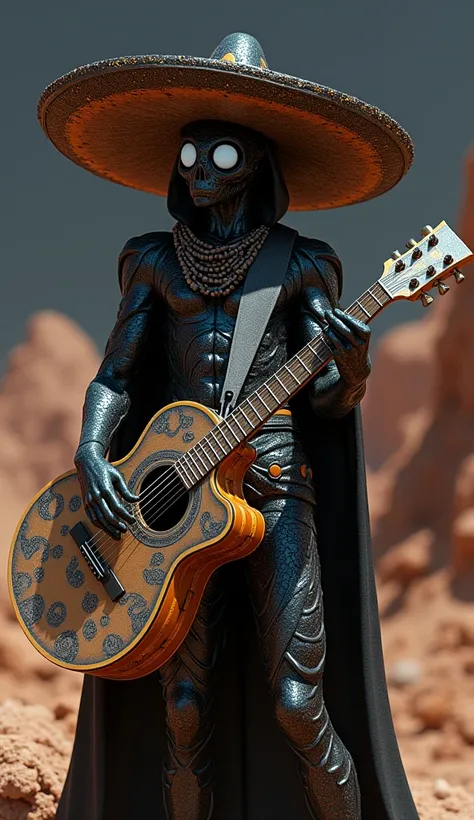 "A non-human mariachi native to the planet Mercury, inspired by the planets atmosphere and materials. His appearance is humanoid but with distinct alien features, such as metallic skin and luminous eyes that reflect Mercury’s extreme environment. His outfi...