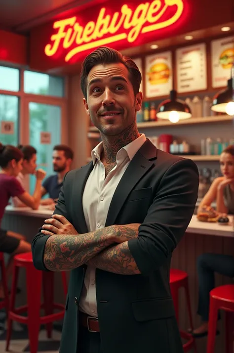  Create a tattooed and humorous publicist,  hes at a hamburger restaurant called  "Fireburger "