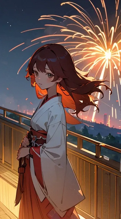 masterpiece,best quality, 1 woman, 22 years old, kawaii,long hair,miko, japan cityscape, outdoors, dutch angle, lineart,water color,rakkun girl,fireworks