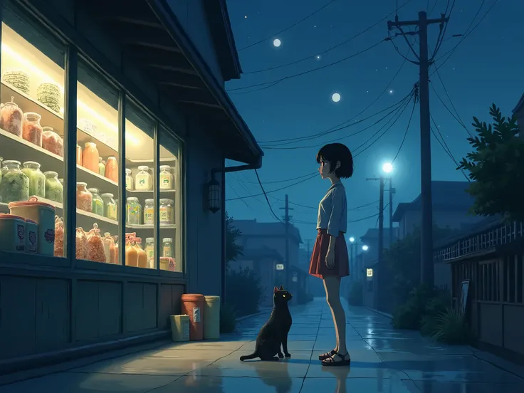 A romantic supermarket at night in rural Japan. Street lights and moonlight , cat and girl