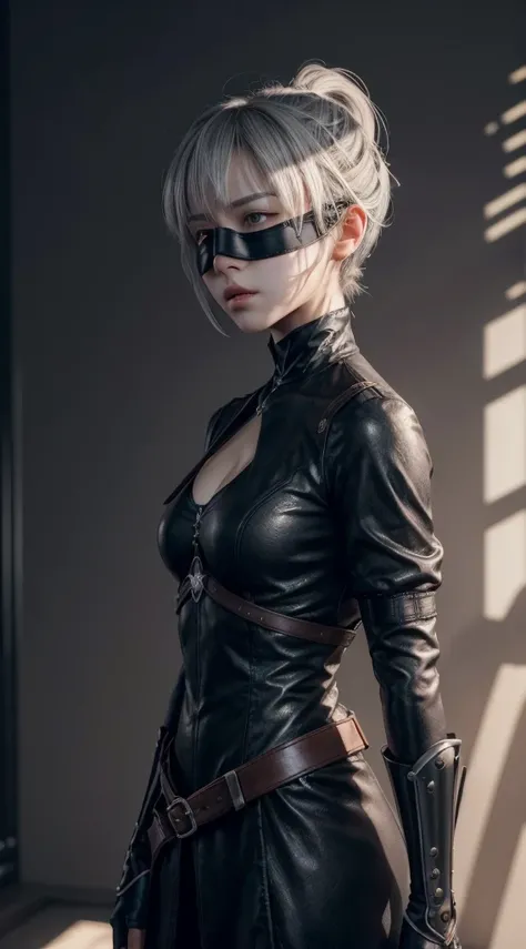 ( extremely fine CG Unity 8K Wallpaper), (masterpiece), (Best Quality), (Super detailed), ( best illustration), ( best shadow ), (Absurd), 2b,  1 girl,  short hair ,  Short Ponytail, Regular size , Gray Hair, Blindfolded Solo, Intimidating woman, Admiral&#...