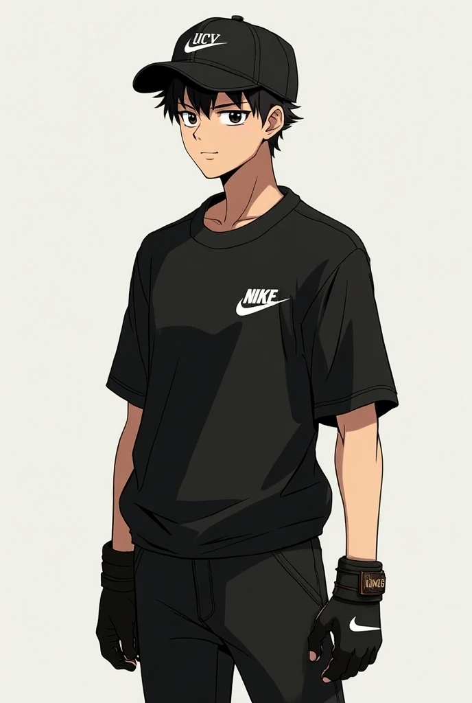  shoes Make me a young male with an ectomorphic physique in the style of the baki anime.  logo that wears a cap that says UCV , black jumpsuit with Nike ,  and a black shirt and with Nike .  Anime style (baki)