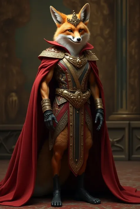 A fox with the body of a man and the clothing of a king and a golden crown