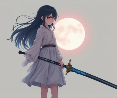 Anime character with long hair holding a sword in front of a full moon, cute face in Demon Slayer art, Kimetsu no Yaiba, inspired by Demon Slayer, Yoriichi Tsugikuni, Demon Slayer Artstyle, Demon Slayer anime image, Tanjiro Kamado