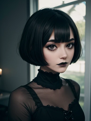  foreground, gothic woman, Bobcut Hair , cute face looking at the viewer  , dark makeup