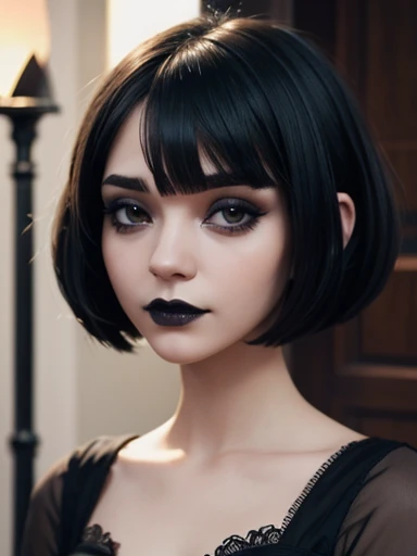  foreground, gothic woman, Bobcut Hair , cute face looking at the viewer  , dark makeup