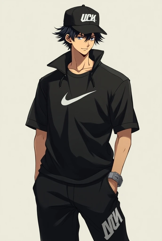  shoes Make me a young male with an ectomorphic physique in the style of the baki anime.  logo that wears a cap that says UCV , black jumpsuit with Nike ,  and a black shirt and with Nike .  Anime style (baki)