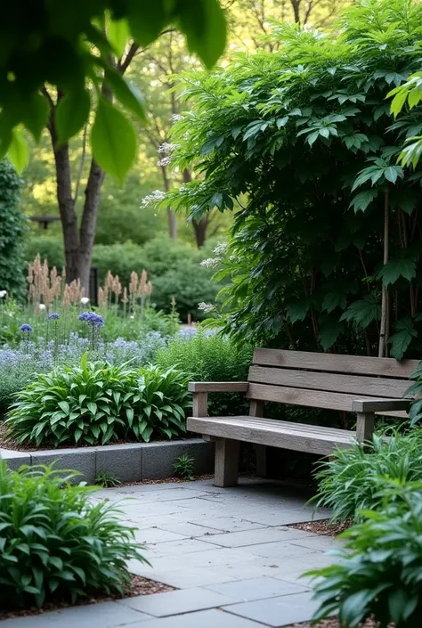 Un Banc public avec des plantations autour espace de détente coin reculé plante vivace thème bleu plantation pleine terre