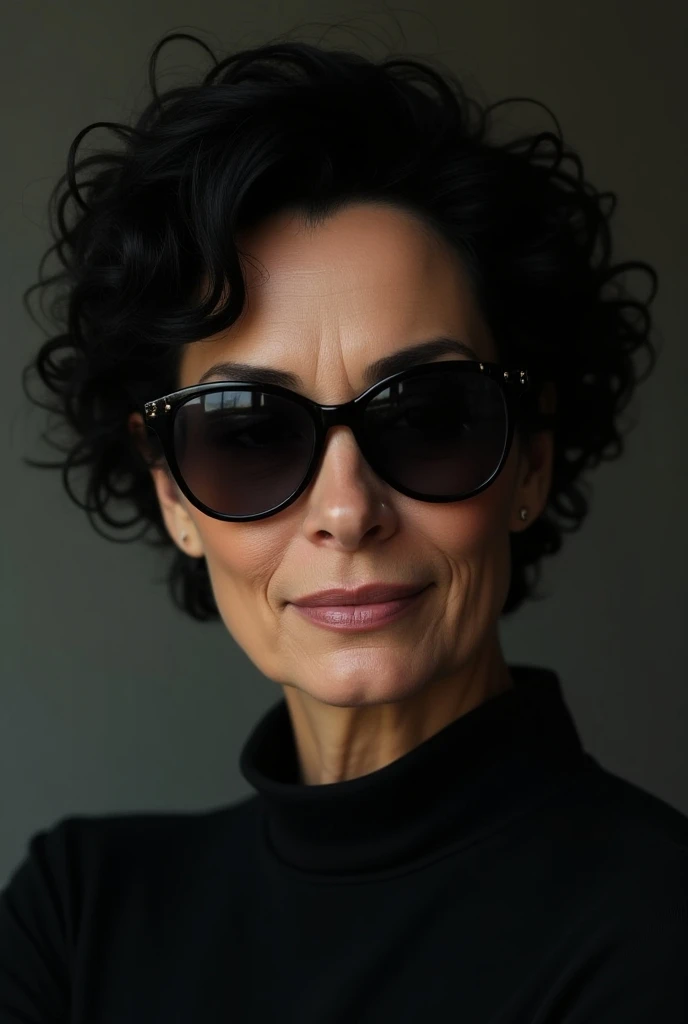  50-year-old woman . Curly and curly short black hair .with sunglasses.