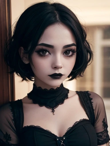  foreground, gothic woman, cute face looking at the viewer  , dark makeup