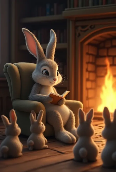 Mamma Rabbit telling the story of I slept to the bunnies near a fireplace 