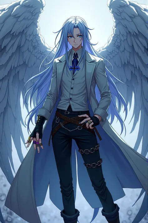 An anime-style male human character with 6 ice-colored wings with dark blue details, long ice-colored hair with dark blue details with eyes with a cross symbol, a paler appearance, a long ice-colored coat, a shirt closed up to the neck, black pants with ch...