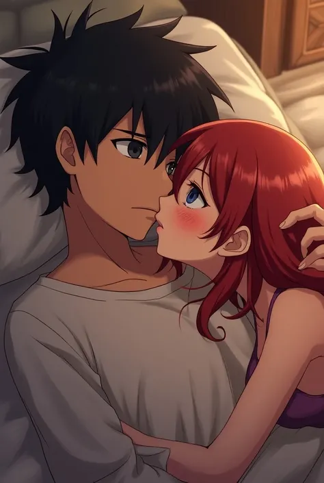  Anime style, a black-haired young man with wormy eyes and a serious face lying on his bed ,  while a red-haired girl is lying with him with her head on her chest kissing him on his neck, She has a red face and a mischievous smile  