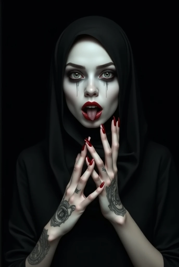 It creates a dark, gothic image of a pale-skinned woman on a black background. She wears a black veil with a nuns white over her head, giving her a sinister, mystical look. Her eyes, pale and lifeless, look straight ahead with a haunting expression. Her mo...