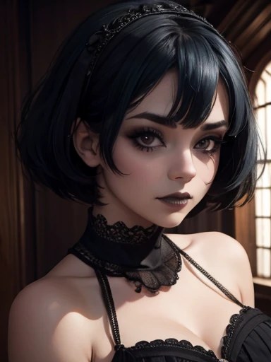  foreground, gothic woman, cute face looking at the viewer  , dark makeup