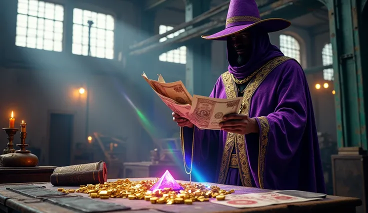  ULTRA-REALISTIC IMAGE MAGICIAN WITH PURPLE AND GOLD CLOTHES IN FRONT OF AN INDUSTRIAL BRAZILIAN REAL MONEY PRINTER,  AND SAINT CYPRIANS HAT , showing power , strength, ENERGY IN THE ENVIRONMENT ,  DOING WITH COLORED LIGHTS ON THE TABLE FULL OF MAGIC INSTR...