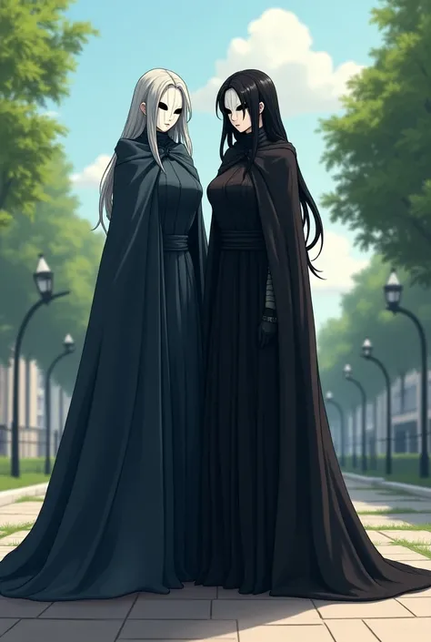 (2female, couple) faceless, mask (white face mask, black eyes/) grey hair, long hair, blue long cape, (cape covering full body/), cape touch the ground, whjte gloves, used cape to covered, standing, mask (white face mask, Blue lining, black eyes/) black ha...