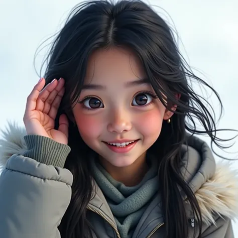 black hair and black-eyed tanned skin eskimo girl, (close shot), 18 year old, wearing a gray eskimo jacket, windy hair, white background. Smilling while adjusting her hair with her left hand