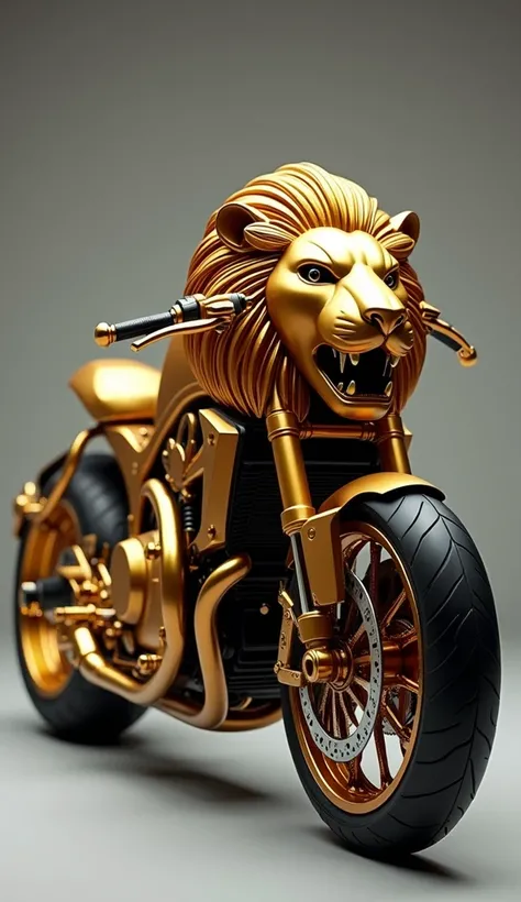 Design a lion-inspired bike with a muscular, imposing frame. The front of the bike should feature a detailed lion face with a majestic mane. The tail section could have a tail-like extension resembling the lion’s tail. The bike should have metallic golden ...