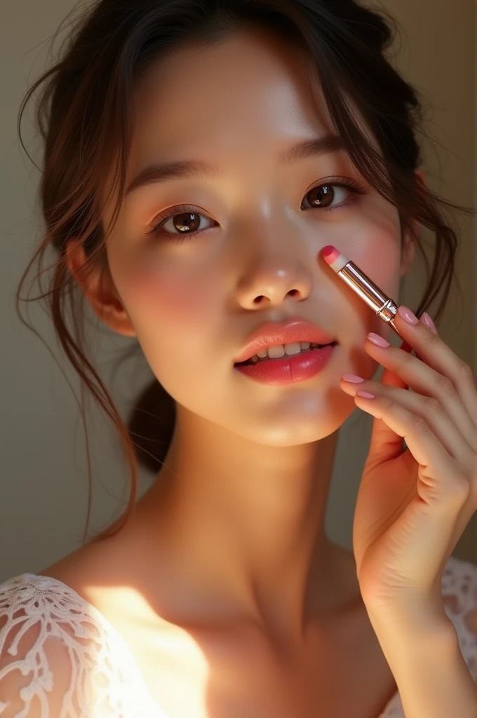 Girl wearing a blush stick