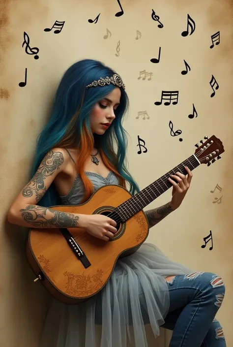 A young woman around  with long, multi-colored hair (blue, orange, and mixed shades), which extends down past her legs, leaning against a wall while playing a guitar. She has tribal tattoos on her arms and wears a gray headpiece that resembles a diadem. He...