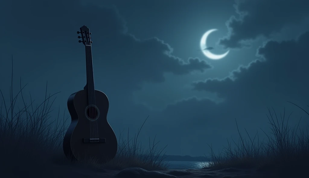 Create an image of a classical guitar on a sad night