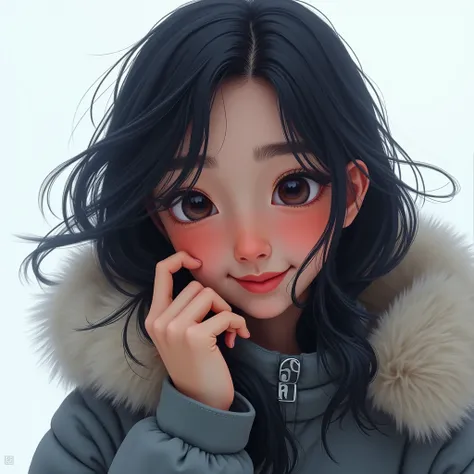 black hair and black-eyed tanned skin eskimo girl, (close shot), 18 year old, wearing a gray eskimo jacket, windy hair, white background. Smilling while adjusting her hair with her left hand