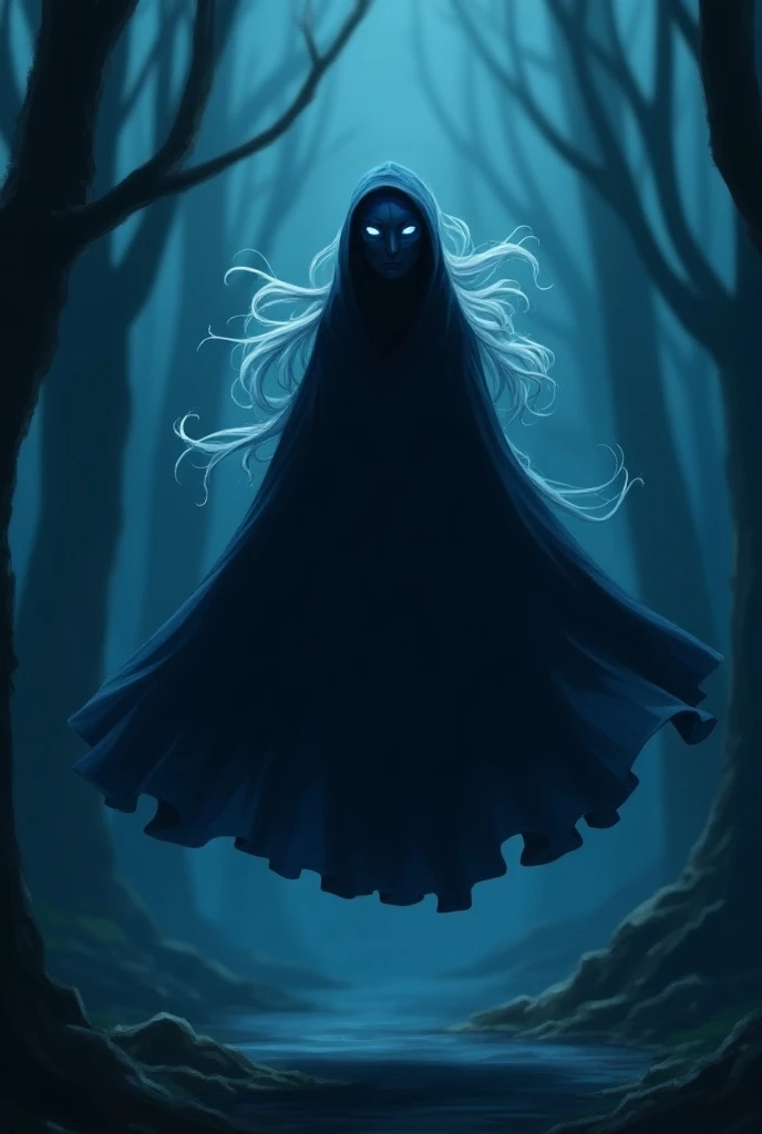 (1female, solo) faceless, mask (black face mask, Blue lining, white sight/), white long hair, shining cape, (cape covering full body/), scary cape, used cape to covered, floating￼, flying, forest, night, animated cartoon style