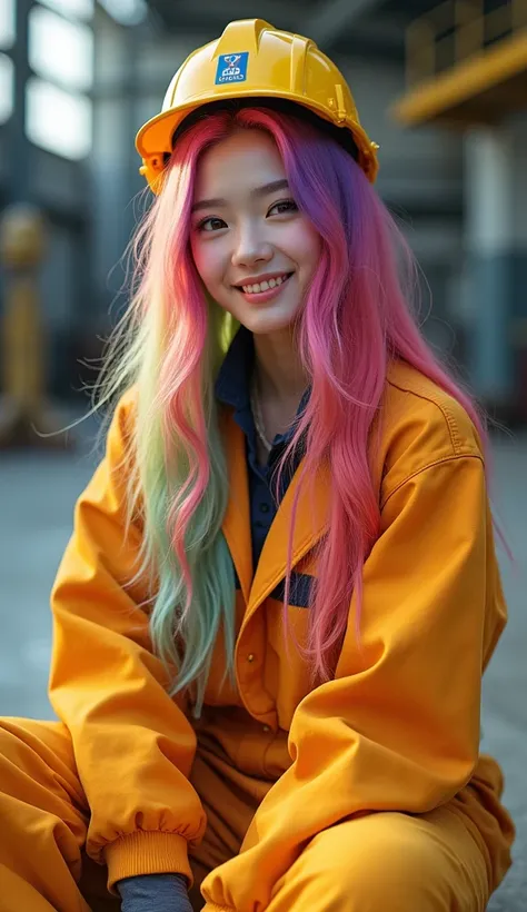  Androgynous person with long rainbow-colored hair dressed in worksite-like work clothes class version, Kpop inspiration ,  sitting with a smile  