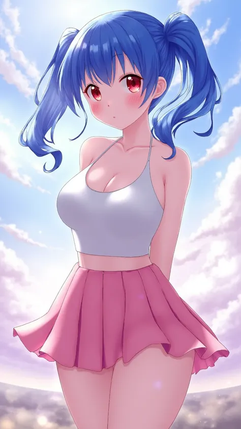 score_9, score_8_up, score_7_up, score_6_up, score_5_up, score_4_up,(gradient background:1.15), white border, refraction, caustics, rim lights, backlighting, bloom, sky, 1girl, bare shoulders, blue hair, huge breasts, cleavage, looking at viewer, miniskirt...