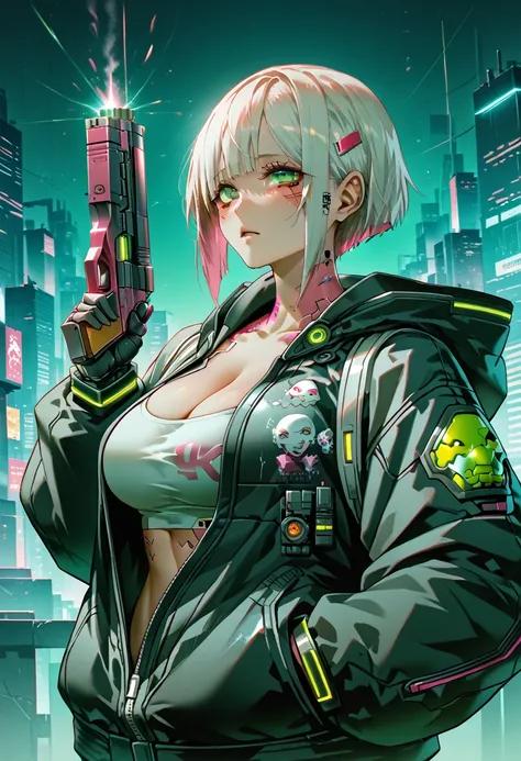  a woman with green eyes and a black jacket holding a gun, cyberpunk anime art, chica anime cyberpunk, best anime 4k konachan wallpaper, anime girl cyberpunk mech, female cyberpunk anime girl, cyberpunk anime art, anime style 4k , digital cyberpunk anime a...