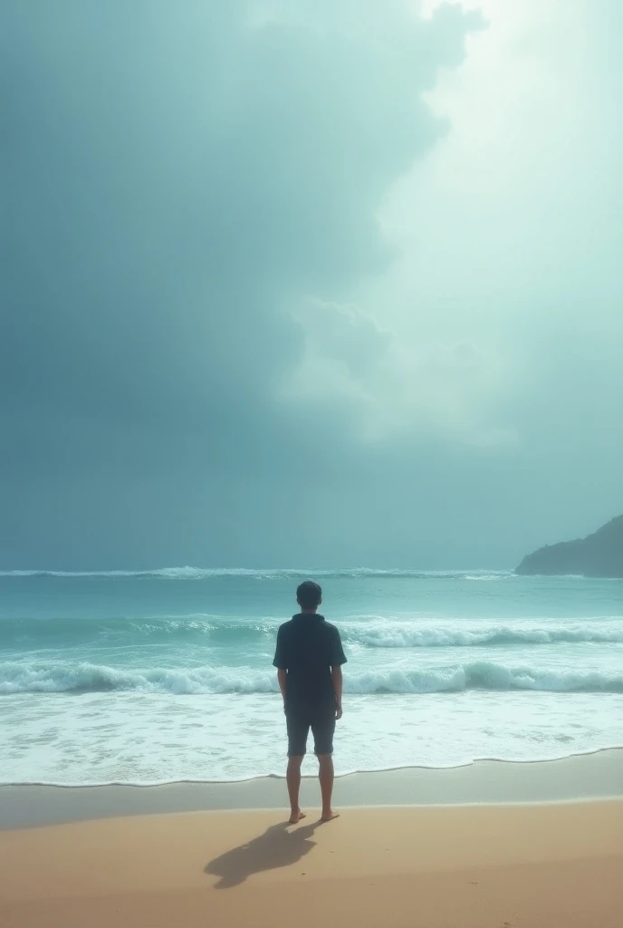 
A man from behind along a magnificent beach 