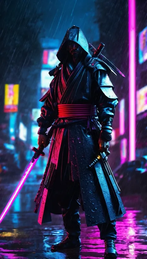 Full body shot, Cyberpunk ronin with glowing katana on hand, raining, neon light reflection