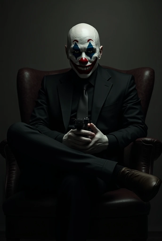 /imagine HACKER, WITH A CLOWNS SMILE, CLOWN MASK AND HALF HACKER, WEARING BLACK SUIT, SITTING ON AN ARMCHAIR, HOLDING GUN, BALD, 4K FULL, 8K