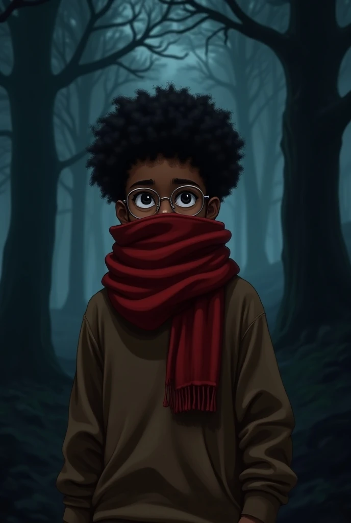 Make a black boy,  curly hair ,  large red scarf covering your mouth ,  Round glasses , brown sweatshirt with your hand on your chest . Do it in the design style of an RPG game and hes in a dark forest at night.