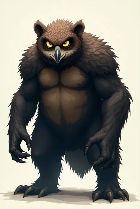 Image is a digital illustration featuring a fantastical creature resembling a hybrid between an owl and a bear. The creature has a robust, muscular build with a hunched posture, covered in a mix of dark brown and black feathers, giving it a rugged appearan...