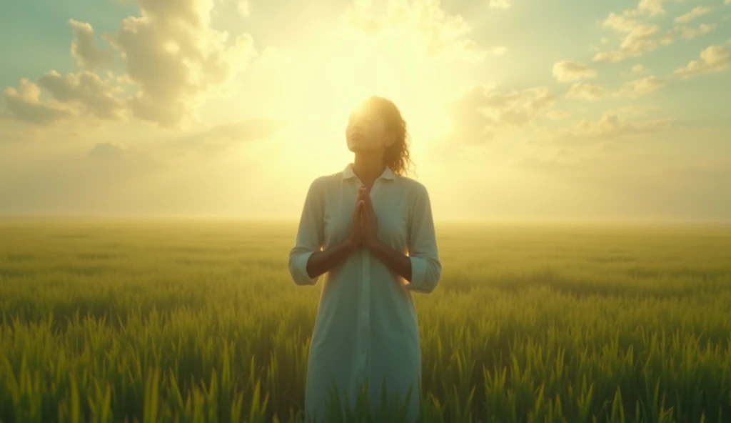 A person with their hands crossed to heaven , in an open field,  surrounded by a soft light that symbolizes faith and liberation. realistic, 4K, HDR, wide angle, --with 16:9