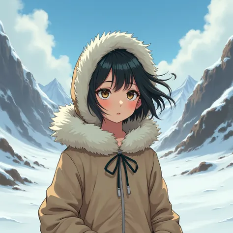 tanned eskimo anime girl, hair bang, windy, hood