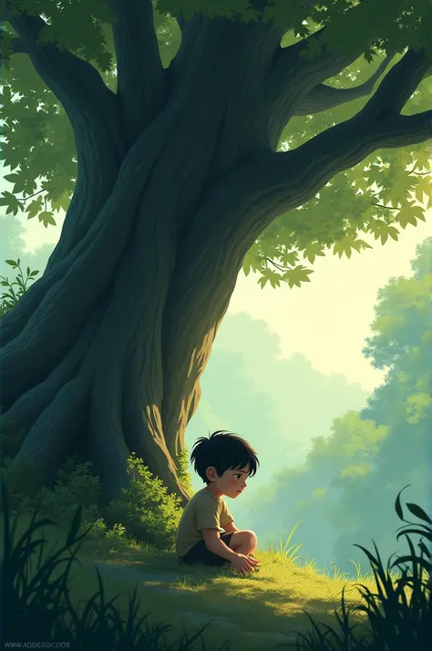 

	2.	Bao hears a soft rustling sound near the forest’s edge and sees a young boy, Kai, sitting sadly under a large tree.