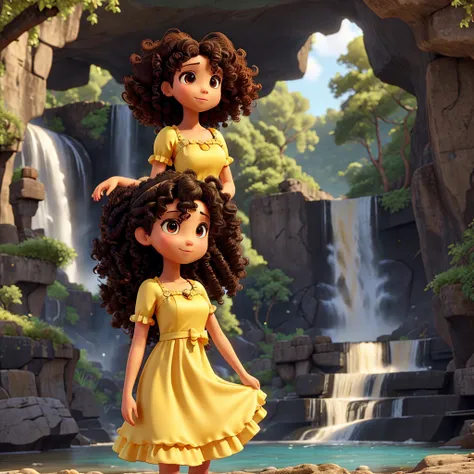 a ,the yellow dress,with curly hair with two side bunches,Black,on a waterfall and a passion fruit in your hand 