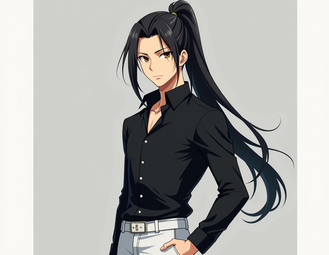 Make a male character,  with long black hair with a ponytail,  With amber eyes , a tight black blouse ,  showing a defined body, and white pants, in anime