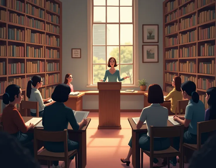 a library with people listening to a woman talking ,  in one corner another woman reading and in another corner a woman watching. 