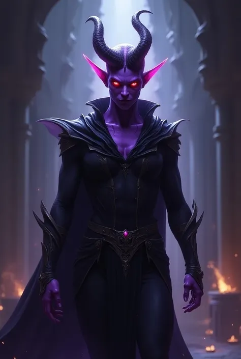 Generate me an 
hexblade tiefling With purple skin and Red eyes