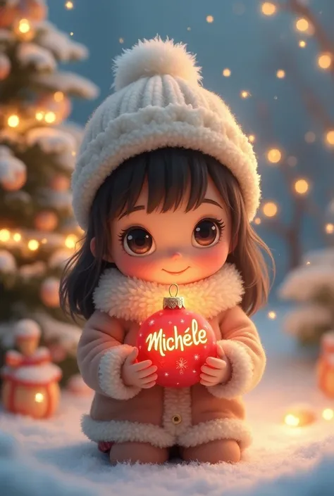 Cute petitenlitine holding a Christmas ball with the name Michèle on a Christmas background 